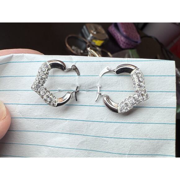 925 Sterling Silver Crystal Hoop Earrings Heart Pattern - Picture 1 of 9